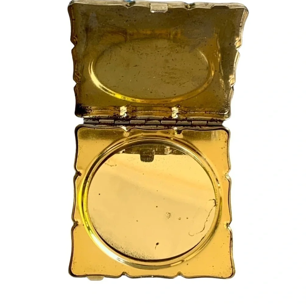 Vintage Floral Compact Mirror Made in Japan Flowers Gold Tone Enamel Square
